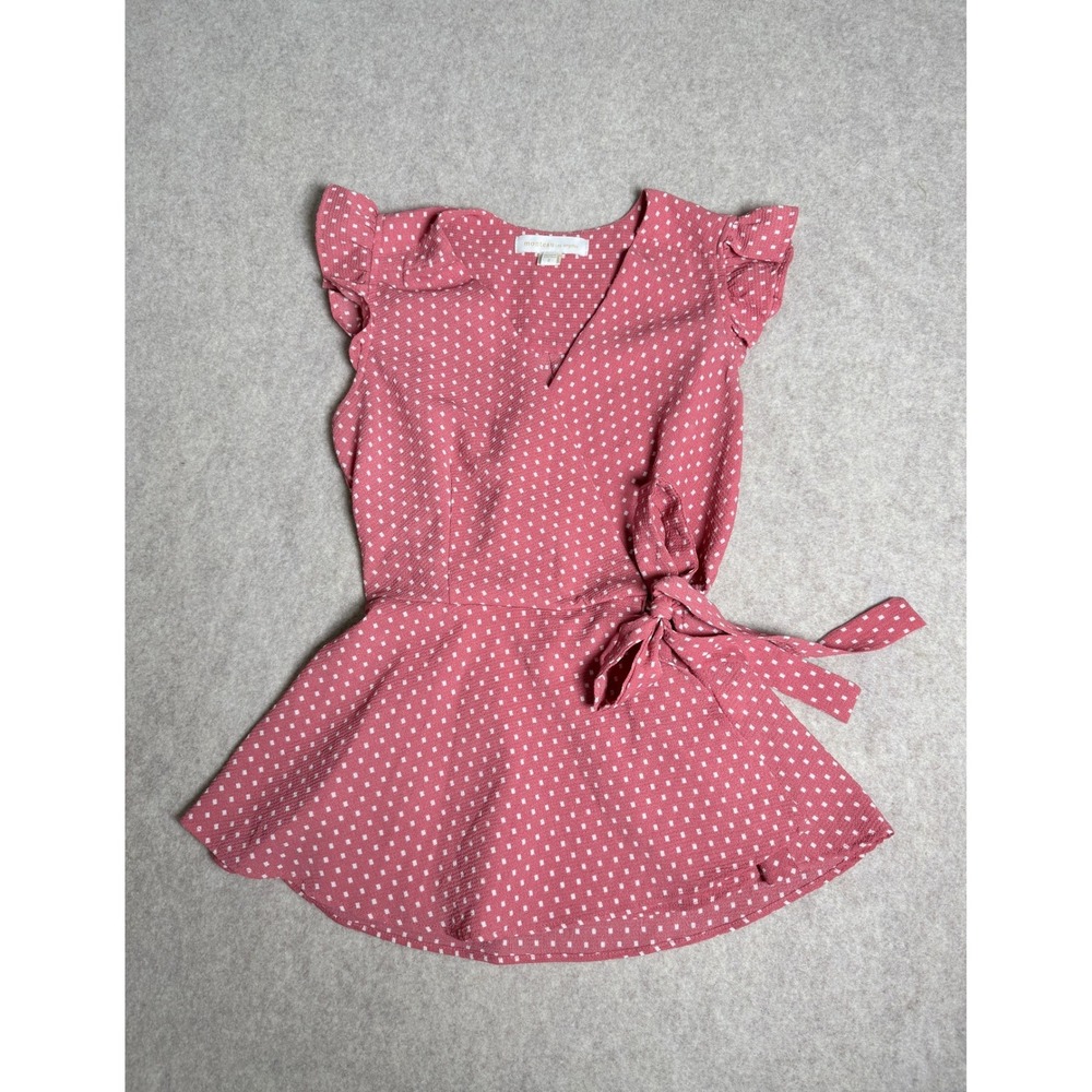Monteau Los Angeles Pink Polka Dot Ruffle Sleeve Wrap Peplum Top Small